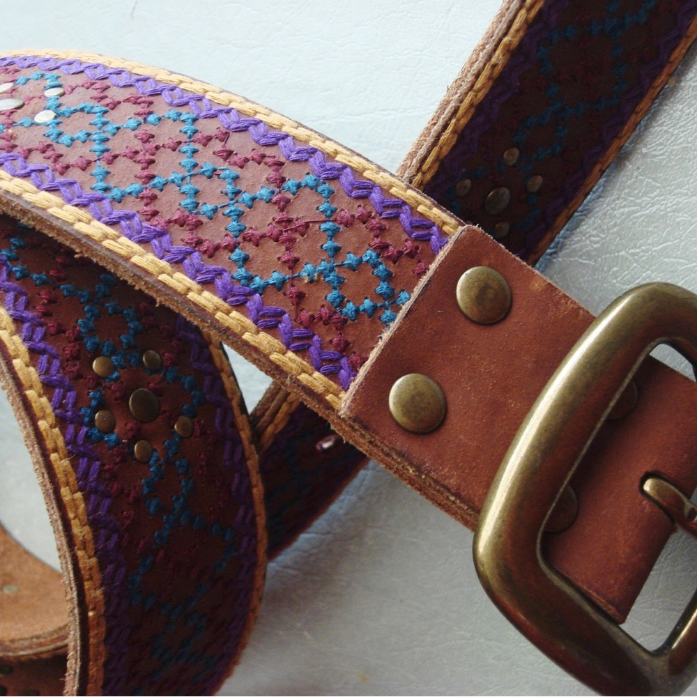 LUCKY BRAND Multi-stitch Buffalo Leather Boho Womens Belt Colorful